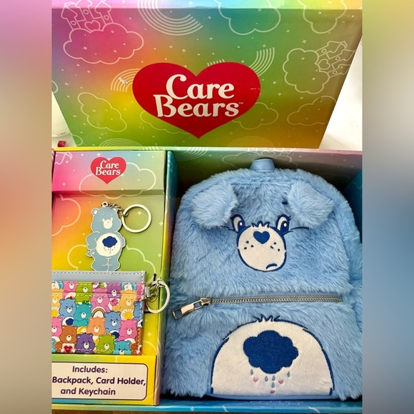 Care Bears Grumpy Bear Mini Backpack with Card holder/wallet & keychain set! New